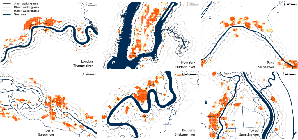 How does the river shape the space in cities: a comparative study of activity distribution patterns in cities.